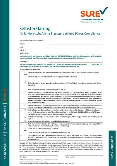 Selbsterklärung für landwirtschaftliche Erzeugerbetriebe (Cross-Compliance)