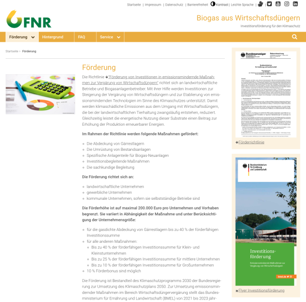 Weitergehende Informationen zum Investitionsförderprogramm Wirtschaftsdünger finden Sie auf der Website der FNR